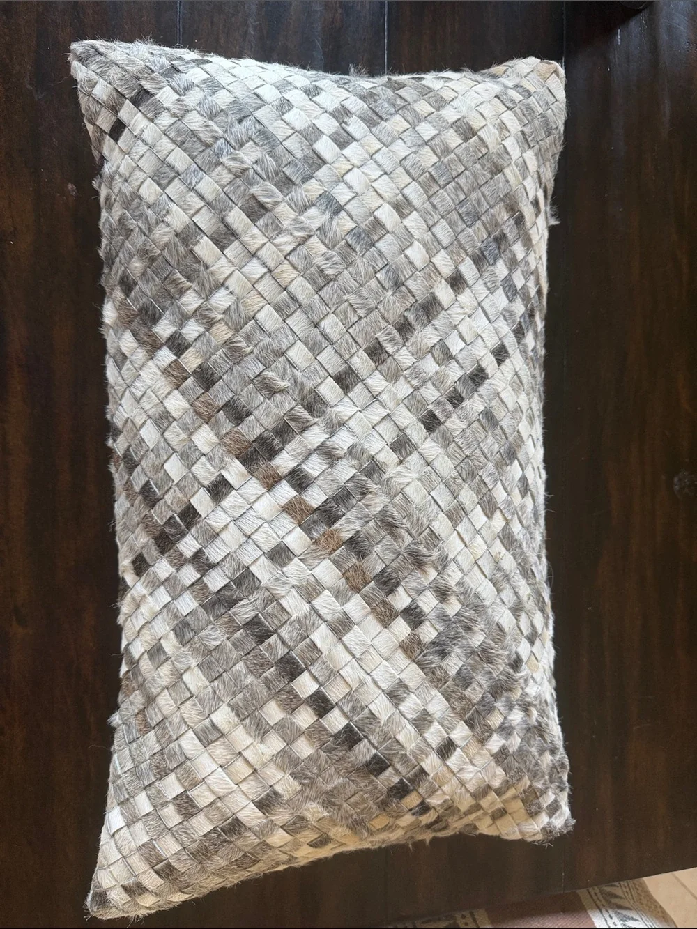 Callisto Home Woven Hair on Hide Patchwork Accent Pillow in Gray and Cream